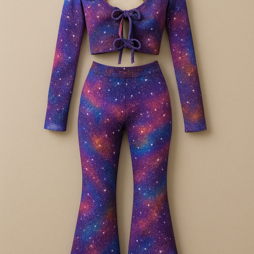 Two piece knit set. Top is a tie up the front with bows down the front crop top long sleeves. Bottoms is a high rise bell bottoms. Print is a psychedelic galaxy print with glitter crystals as stars that are scattered all around