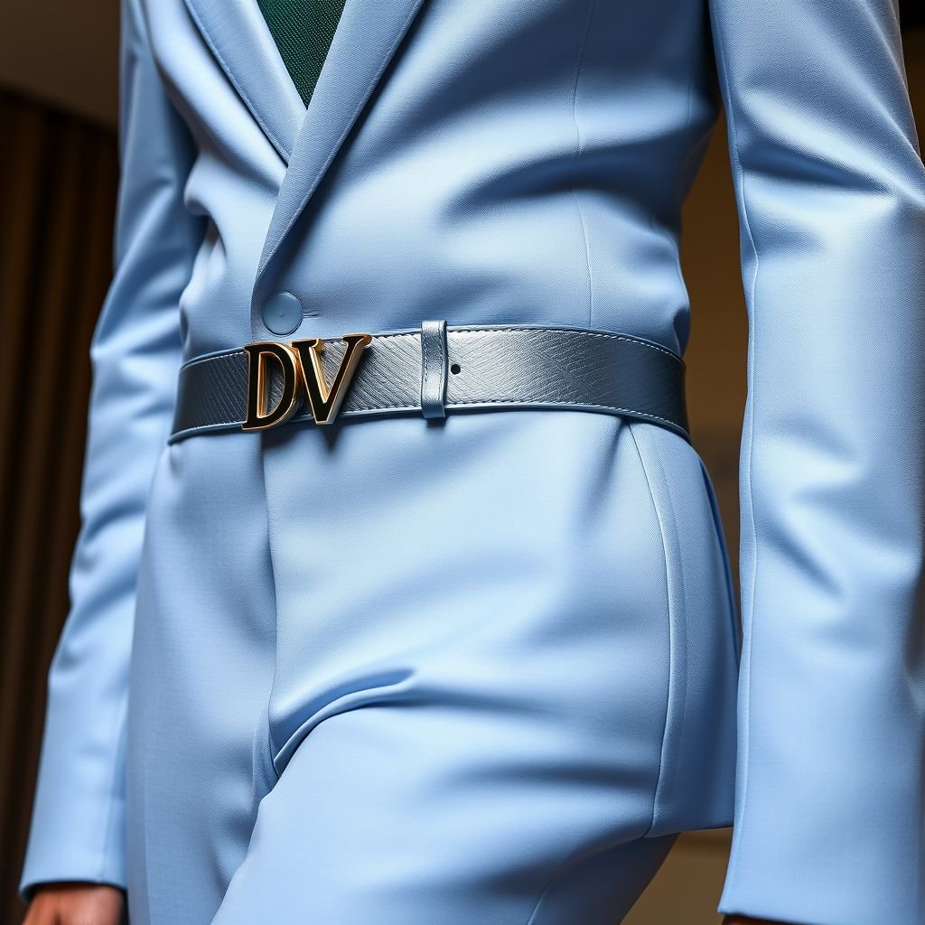 Men’s light blue shiny suit, with long belt that wraps around and hangs, slim fit, with “DV” on it.
Design an elegant men’s light blue shiny suit with a refined slim fit, featuring a long, luxurious belt that gracefully wraps around the waist and drapes effortlessly. Adorn the belt with an embossed "DV" for a touch of sophistication. Incorporate subtle textures and tailored detailing for a truly sophisticated look.
