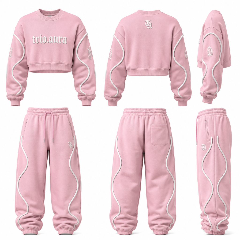 photorealistic fashion design, A Pants design, in Streetwear style. Design an original luxury women's streetwear tracksuit for the brand TRIO.AURA. Create an oversized cropped crewneck sweatshirt with dropped shoulders and matching high-waisted oversized joggers. Use heavyweight premium cotton fleece with a soft brushed interior. Add bold curved 3D rope piping running down both sleeves and both pant legs for a unique signature look. Embroider the TRIO.AURA logo in small, clean lettering on the left chest and left thigh, with a TA monogram on the back neck. Include ribbed cuffs, an elastic waistband with premium drawstrings, hidden zip pockets, reinforced stitching, and a relaxed baggy fit. Color: soft pink with white rope piping and white embroidery. Style: luxury streetwear, modern, premium, fashion-forward, unique and original. Show front, back, and side views on a plain white background with realistic fabric texture and professional fashion presentation.. South Africa fashion aesthetics., streetwear style, just the design no text. Refinement: for the top add the name logo in the middle ๐๐๐๐๐ ๐๐๐๐ ๐๐๐๐ ๐๐๐๐ ๐๐ ๐๐๐๐
photorealistic fashion design, photorealistic fashion design, A Pants design, in Streetwear style. Design an original luxury women's streetwear tracksuit for the brand TRIO.AURA. Create an oversized cropped crewneck sweatshirt with dropped shoulders and matching high-waisted oversized joggers. Use heavyweight premium cotton fleece with a soft brushed interior. Add bold curved 3D rope piping running down both sleeves and both pant legs for a unique signature look. Embroider the TRIO.AURA logo in small, clean lettering on the left chest and left thigh, with a TA monogram on the back neck. Include ribbed cuffs, an elastic waistband with premium drawstrings, hidden zip pockets, reinforced stitching, and a relaxed baggy fit. Color: soft pink with white rope piping and white embroidery. Style: luxury streetwear, modern, premium, fashion-forward, unique and original. Show front, back, and side views on a plain white background with realistic fabric texture and professional fashion presentation.. South Africa fashion aesthetics., streetwear style, just the design no text. Refinement: for the top add the name logo in the middle ๐๐๐๐๐ ๐๐๐๐ ๐๐๐๐ ๐๐๐๐ ๐๐ ๐๐๐๐, just the design no text