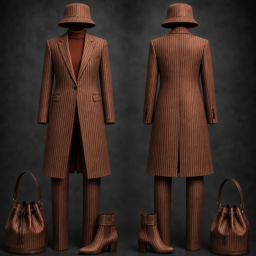 Change the blouse to a cooper turtleneck
edit the attached fashion design with these instructions: Change the blouse to a cooper turtleneck. keep it photorealistic, just the design no text
