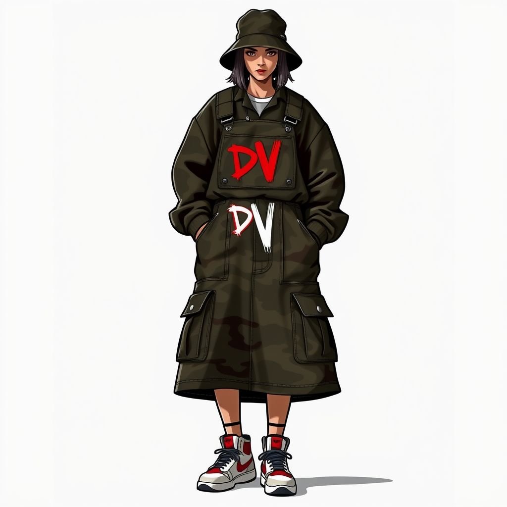 Camo overall dress with pockets, midi length. Put “DV” on the belt
Design a dynamic streetwear-inspired camo overall dress, featuring spacious pockets, and a trendy midi length. Enhance the urban aesthetic with bold stitching and an oversized fit, perfect for layering. Showcase “DV” prominently on a graffiti-style belt, accompanied by statement sneakers and a slouchy bucket hat for a complete street-savvy look.