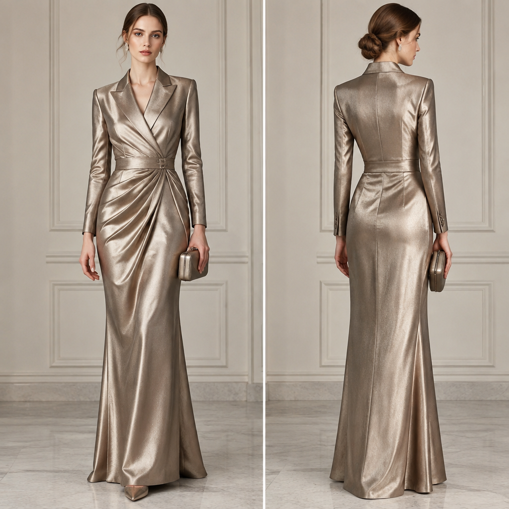 A Female Dress design, made of Silk, with a Fitted silhouette, in a Metallic color palette, for Formal, suitable for Winter, in Business + Classic style, shown on a model with fair skin and a slim figure Present it as professional fashion catalogue photography: the garment is the subject, shown full-length with editorial styling, neutral posing and tasteful, non-suggestive framing.
photorealistic fashion design, A Female Dress design, made of Silk, with a Fitted silhouette, in a Metallic color palette, for Formal, suitable for Winter, in Business + Classic style, shown on a model with fair skin and a slim figure Present it as professional fashion catalogue photography: the garment is the subject, shown full-length with editorial styling, neutral posing and tasteful, non-suggestive framing., business style, just the design no text