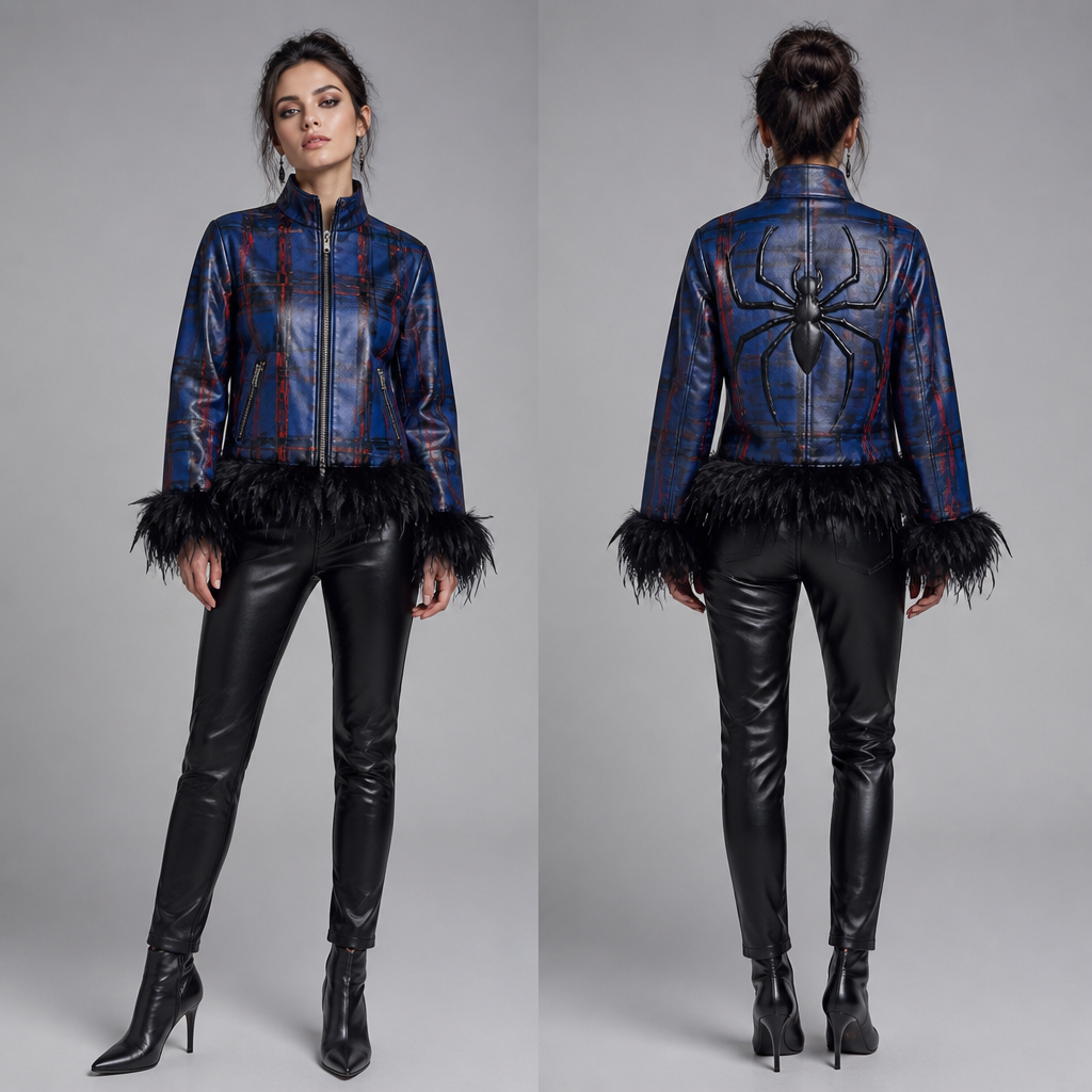 A Female Jacket design, suitable for Winter. تكون جلدية تصل للخصر عريضة تحتوي على سلسة في وسط و ريش حول نهاية يدين و عند خصر لون ريش أسود و لونها أزرق تمرر عليه خطوط سوداء و حمراء وجيبية يغلاقان بسلسلة و على ظهر يوجد عنكبوت Present it as professional fashion catalogue photography: the garment is the subject, shown full-length with editorial styling, neutral posing and tasteful, non-suggestive framing.
photorealistic fashion design, A Female Jacket design, suitable for Winter. تكون جلدية تصل للخصر عريضة تحتوي على سلسة في وسط و ريش حول نهاية يدين و عند خصر لون ريش أسود و لونها أزرق تمرر عليه خطوط سوداء و حمراء وجيبية يغلاقان بسلسلة و على ظهر يوجد عنكبوت Present it as professional fashion catalogue photography: the garment is the subject, shown full-length with editorial styling, neutral posing and tasteful, non-suggestive framing., just the design no text