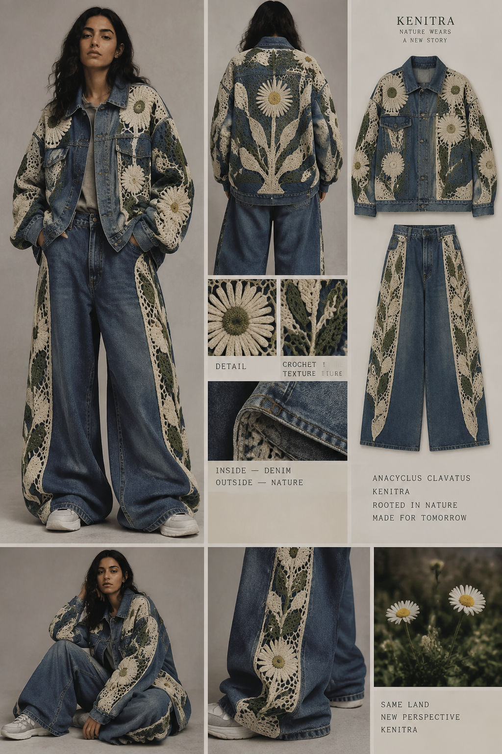 Create an oversized denim-on-denim set inspired by **Kenitra, Morocco**, especially **KAC Kenitra** and the flower **Anacyclus clavatus**.
The set includes an **oversized denim jacket** and **oversized denim pants**.
### Jacket
* Oversized denim jacket with a loose, modern silhouette.
* Denim is used as the main structure.
* The jacket has a **reversible / inside-out effect**: denim on the inside and crochet visible on the outside.
* The crochet should cover important parts of the jacket and feel like an integrated part of the design, not just decoration.
* Use **off-white and natural green** crochet.
* Crochet patterns should be inspired by the organic shapes of **Anacyclus clavatus**, plants, leaves, and nature around Kenitra.
* Keep the motifs abstract, clean, and modern.
### Pants
* Very oversized, wide-leg denim pants.
* Add one large **vertical crochet stripe** on each leg.
* The stripe starts around the **knee and goes up to the waist**.
* Use the **same crochet, same colors, and same patterns as the jacket**.
* The crochet stripe should look like one continuous design element connecting the pants to the jacket.
### Overall Style
The whole outfit should feel:
**Oversized + modern + natural + artistic + handmade + premium.**
Use **blue denim, off-white crochet, and natural green details**.
The inspiration should come from **Kenitra's nature and Anacyclus clavatus**, but interpreted in a modern and abstract fashion way.
The final result should look like a **high-fashion contemporary denim set**, not traditional or folkloric.
Create an oversized denim-on-denim set inspired by **Kenitra, Morocco**, especially **KAC Kenitra** and the flower **Anacyclus clavatus**.
The set includes an **oversized denim jacket** and **oversized denim pants**.
### Jacket
* Oversized denim jacket with a loose, modern silhouette.
* Denim is used as the main structure.
* The jacket has a **reversible / inside-out effect**: denim on the inside and crochet visible on the outside.
* The crochet should cover important parts of the jacket and feel like an integrated part of the design, not just decoration.
* Use **off-white and natural green** crochet.
* Crochet patterns should be inspired by the organic shapes of **Anacyclus clavatus**, plants, leaves, and nature around Kenitra.
* Keep the motifs abstract, clean, and modern.
### Pants
* Very oversized, wide-leg denim pants.
* Add one large **vertical crochet stripe** on each leg.
* The stripe starts around the **knee and goes up to the waist**.
* Use the **same crochet, same colors, and same patterns as the jacket**.
* The crochet stripe should look like one continuous design element connecting the pants to the jacket.
### Overall Style
The whole outfit should feel:
**Oversized + modern + natural + artistic + handmade + premium.**
Use **blue denim, off-white crochet, and natural green details**.
The inspiration should come from **Kenitra's nature and Anacyclus clavatus**, but interpreted in a modern and abstract fashion way.
The final result should look like a **high-fashion contemporary denim set**, not traditional or folkloric.
, streetwear style