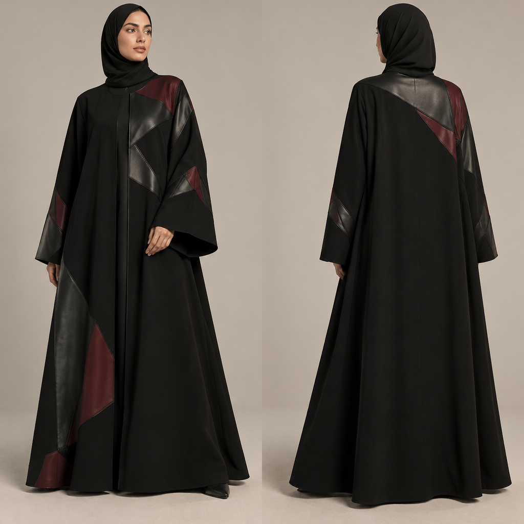Design a luxurious and innovative Saudi abaya for the fashion brand “Seen Abaya”, featuring a bold geometric concept that combines modern artistry with understated luxury.
Design Specifications:
* Color palette: All-black with deep burgundy accents.
* Silhouette: Half-cloak abaya (Half Cloak), with an elegant, flowing drape.
* Main fabric: Premium matte black crepe.
* Additional materials: Luxurious black leather with selected burgundy leather panels.
* Main concept: An artistic composition of unconventional geometric shapes, including triangles, squares, rectangles, and diagonal lines, created from precisely cut leather pieces layered onto the abaya fabric.
* Placement: The geometric design begins at the shoulder and flows diagonally across the garment toward the center or one side of the abaya, creating an asymmetrical and sophisticated composition.
* Construction: The geometric shapes must look like genuine leather panels carefully cut and appliquéd onto the crepe fabric, with clean edges, precise stitching, and a visible contrast between the matte crepe and leather textures.
* Sleeves: Straight, moderately wide sleeves without puffiness, featuring coordinated geometric leather details.
* Neckline: Simple, elegant round neckline.
* Back design: Minimal and refined, with a subtle geometric extension from the shoulder. No vertical seam or line down the center of the back.
* Overall aesthetic: Luxury Geometric Abaya, bold artistic geometry, contemporary Saudi fashion, sophisticated black-on-black textures with selective burgundy accents.
* Avoid: Floral motifs, embroidery, beads, traditional ornaments, excessive embellishments, and overcrowded patterns.
Presentation Requirements:
Create a professional fashion design illustration showing the complete abaya from both the front and back. Use a clean, neutral background and clearly illustrate the leather appliqué, fabric textures, stitching, and garment construction.
The design should resemble a high-end fashion designer’s concept board prepared for a luxury fashion manufacturer. Maintain realistic proportions, practical construction, elegant draping, and premium craftsmanship.
The final design must feel exclusive, distinctive, and recognizable as part of the Seen Abaya luxury brand.
photorealistic fashion design, Design a luxurious and innovative Saudi abaya for the fashion brand “Seen Abaya”, featuring a bold geometric concept that combines modern artistry with understated luxury.
Design Specifications:
* Color palette: All-black with deep burgundy accents.
* Silhouette: Half-cloak abaya (Half Cloak), with an elegant, flowing drape.
* Main fabric: Premium matte black crepe.
* Additional materials: Luxurious black leather with selected burgundy leather panels.
* Main concept: An artistic composition of unconventional geometric shapes, including triangles, squares, rectangles, and diagonal lines, created from precisely cut leather pieces layered onto the abaya fabric.
* Placement: The geometric design begins at the shoulder and flows diagonally across the garment toward the center or one side of the abaya, creating an asymmetrical and sophisticated composition.
* Construction: The geometric shapes must look like genuine leather panels carefully cut and appliquéd onto the crepe fabric, with clean edges, precise stitching, and a visible contrast between the matte crepe and leather textures.
* Sleeves: Straight, moderately wide sleeves without puffiness, featuring coordinated geometric leather details.
* Neckline: Simple, elegant round neckline.
* Back design: Minimal and refined, with a subtle geometric extension from the shoulder. No vertical seam or line down the center of the back.
* Overall aesthetic: Luxury Geometric Abaya, bold artistic geometry, contemporary Saudi fashion, sophisticated black-on-black textures with selective burgundy accents.
* Avoid: Floral motifs, embroidery, beads, traditional ornaments, excessive embellishments, and overcrowded patterns.
Presentation Requirements:
Create a professional fashion design illustration showing the complete abaya from both the front and back. Use a clean, neutral background and clearly illustrate the leather appliqué, fabric textures, stitching, and garment construction.
The design should resemble a high-end fashion designer’s concept board prepared for a luxury fashion manufacturer. Maintain realistic proportions, practical construction, elegant draping, and premium craftsmanship.
The final design must feel exclusive, distinctive, and recognizable as part of the Seen Abaya luxury brand., just the design no text