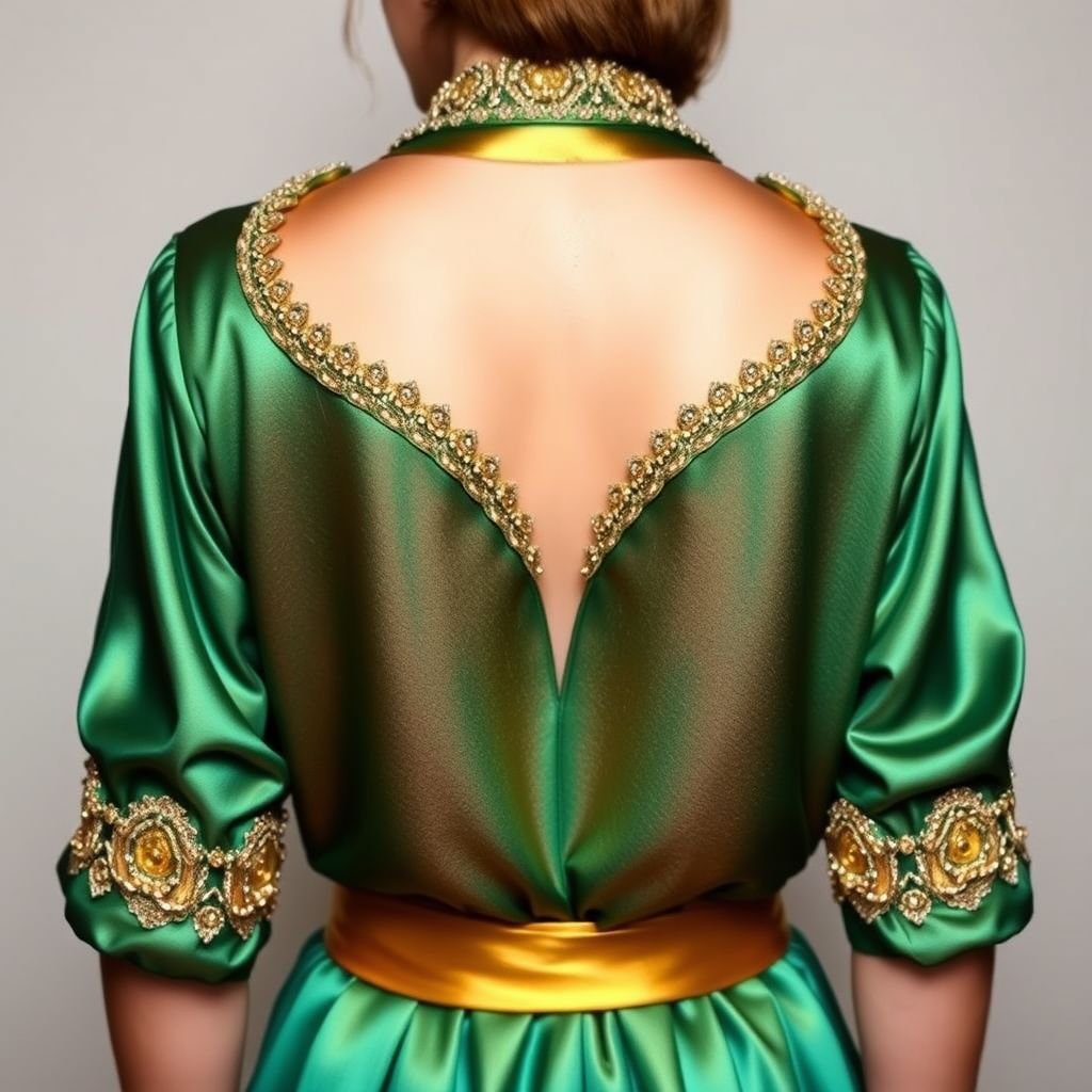 Create a dinner shirt for a luxury designer in New York
Design a stunning dinner shirt that epitomizes glamour, featuring luxurious silk fabric with a mesmerizing iridescent sheen. Incorporate intricate beaded embellishments along the collar and cuffs, and add a daring open-back detail. Choose a bold color palette of deep emerald and gold to captivate the high-fashion scene in New York.