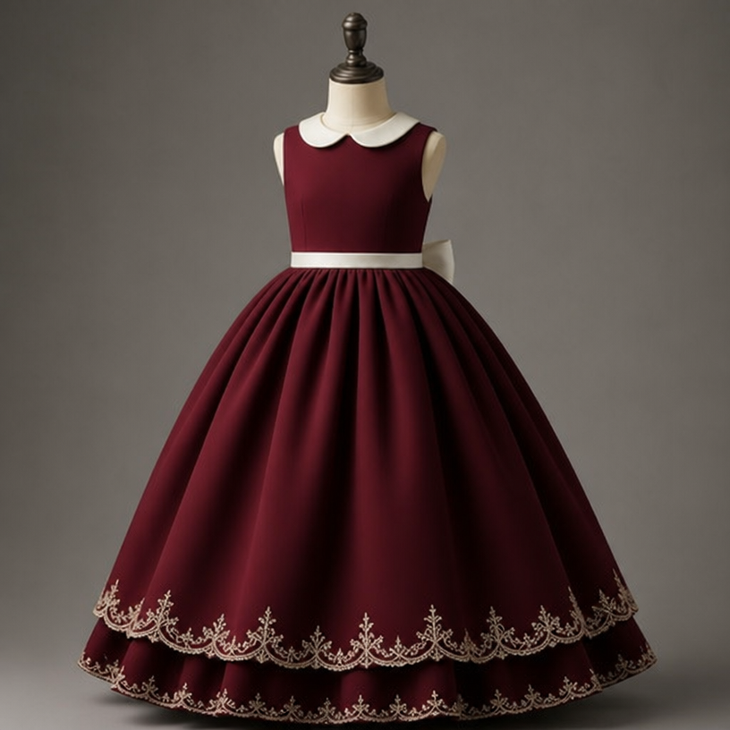 A Unisex Dress design, suitable for Winter. vestido largo de niña con falda amplia, color bordó, con cuello tipo Peter pan en color beige, sin mangas, con puntilla beige al finalizar la falda y lazo blanco en la cintura atado atrás. UY fashion aesthetics.
using the attached image as a visual reference and sketch, create this: photorealistic fashion design, A Unisex Dress design, suitable for Winter. vestido largo de niña con falda amplia, color bordó, con cuello tipo Peter pan en color beige, sin mangas, con puntilla beige al finalizar la falda y lazo blanco en la cintura atado atrás. UY fashion aesthetics., just the design no text