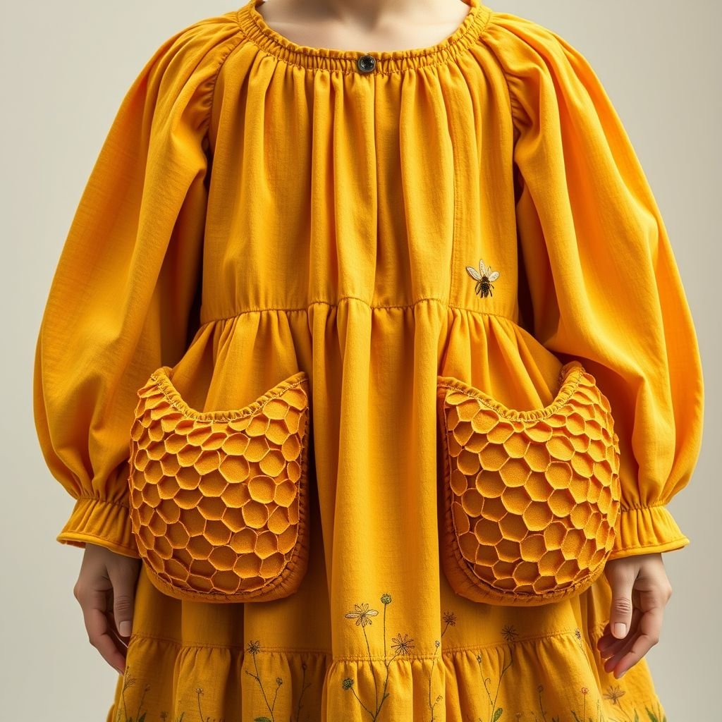 A honey bee & honey comb themed spring day dress.
Design a flowy, honey bee and honeycomb-themed spring day dress inspired by goblincore aesthetics. Incorporate earthy tones of amber and olive green, adorned with oversized, textured pockets resembling honeycomb cells. Embellish with whimsical embroidery of bees and wildflowers, using soft, natural fabrics that celebrate the beauty of nature's imperfections.