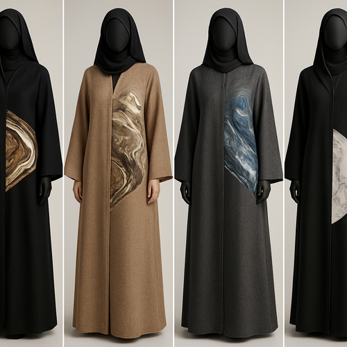 Create a modest abaya that's the first of its kind, featuring a unique stone design that exudes a classy and sophisticated vibe. I'd like four designs, each showcasing different styles and fabrics.
Incorporate high-end, unique chic stone designs to make them truly special. Add little sophisticated stone design.