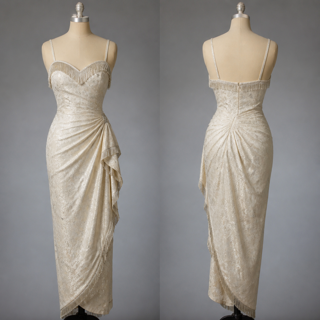 1940s ivory brocade sarong style dress fringe sweetheart neckline with straps and scattered rhinestone detail
photorealistic fashion design, 1940s ivory brocade sarong style dress fringe sweetheart neckline with straps and scattered rhinestone detail, just the design no text, show front and back