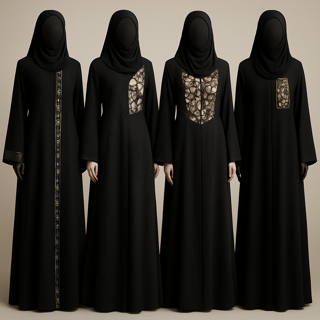 Create a modest abaya that's the first of its kind, featuring a unique stone design that exudes a classy and sophisticated vibe. I'd like four designs, each showcasing different styles and fabrics.
Incorporate high-end, unique chic stone designs to make them truly special. Add a little sophisticated stone work to it.

Create a modest abaya that's the first of its kind, featuring a unique stone design that exudes a classy and sophisticated vibe. I'd like four designs, each showcasing different styles and fabrics.
Incorporate high-end, unique chic stone designs to make them truly special. Add a little sophisticated stone work to it.
