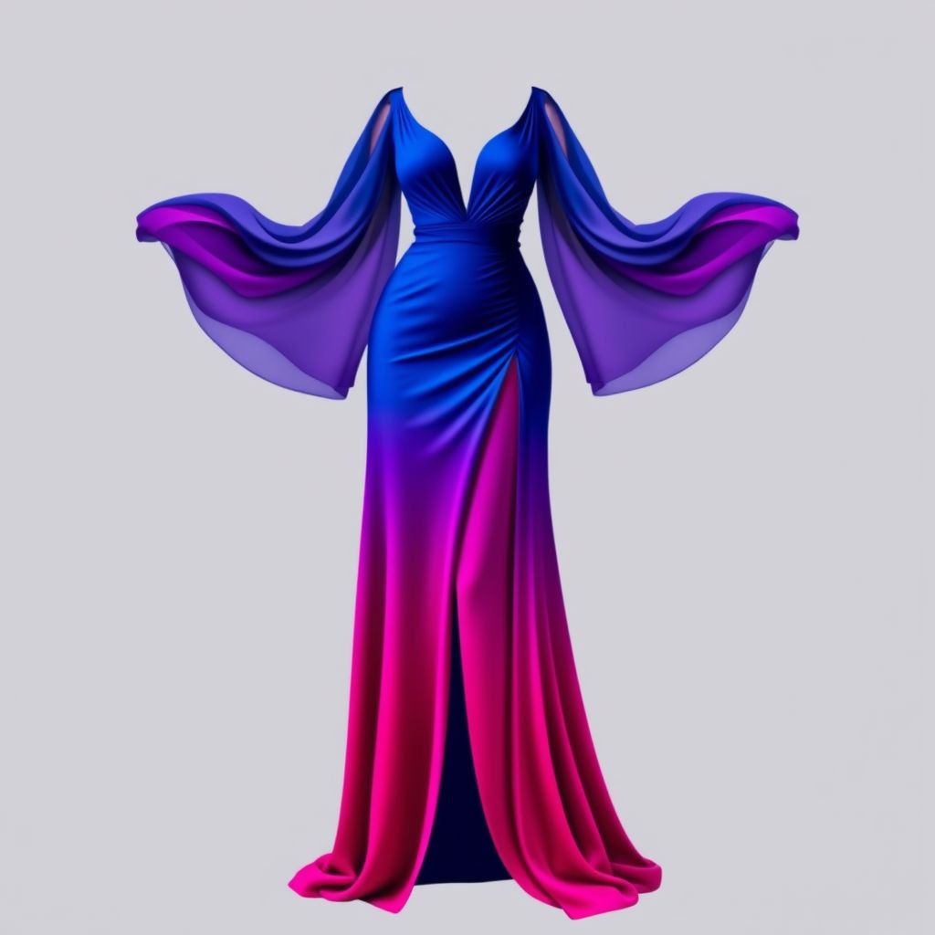 a dress that is bold and powerful with a hint of sexiness that make people stare the color will be a mix between royal blue with hot pink and a long dress with slit till knees with the arms made off shiffon and the top has a kinda like broken heart shape
Design a striking dress that exudes confidence and allure, featuring a daring long silhouette with a dramatic slit up to the knees. The fabric blends rich royal blue with vibrant hot pink, creating a stunning ombre effect. Flowy chiffon sleeves add elegance, while the broken heart-shaped neckline tantalizes, making heads turn.