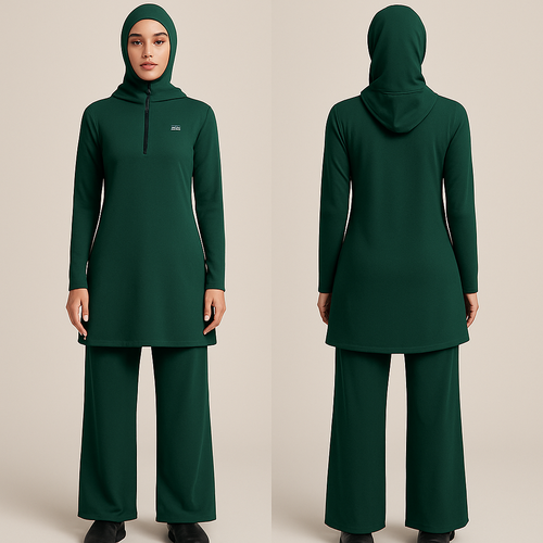 The Hayafit Hooded Training Set is designed for women who value modesty, movement, and comfort in equal measure. This two-piece activewear set consists of a longline tunic top paired with matching wide-leg pants, blending elegance with practicality for workouts, brisk walks, or light outdoor training.
The tunic features a half-zip front that allows adjustable ventilation and easy wear, with a fitted 3-panel hood attached seamlessly at the neckline. The hood provides secure, modest coverage without bulk, while the collar sits comfortably around the neck for an athletic yet refined look.
Cut in a slightly A-line silhouette, the tunic flows naturally over the hips and extends to mid-thigh, providing full bum coverage. It includes side slits that open just above the knee, allowing unrestricted movement during stride or stretch. The hemline is curved and cleanly finished with twin-needle stitching for durability and a professional finish.
Long, fitted sleeves keep the arms covered while maintaining flexibility, and all major seams are constructed using flatlock or overlock stitching to minimize friction against the skin. The Hayafit logo is positioned on the left chest in a silicone or heat-transfer print, maintaining a minimalist aesthetic while reinforcing brand identity.
The pants are designed for comfort and confidence. With a wide-leg cut, they offer ease of motion and airflow during physical activity. The waistband features soft elastic with an internal adjustable drawcord, allowing for a secure, customizable fit. The hemline is finished with twin-needle stitching for strength, and the overall silhouette complements the tunic’s relaxed yet sleek appearance.
Made from a 90% polyamide and 10% elastane blend, the fabric is lightweight, four-way stretch, and moisture-wicking—ensuring breathability and freedom of movement. The hood and inner neckline can be optionally lined with a softer polyester-elastane knit for added comfort.
This design reflects the essence of Hayafit: effortless modesty, modern femininity, and functional performance. Whether in forest green and sand, black and rose gold, or burgundy and cream, the Hooded Training Set is crafted to empower movement while maintaining grace.