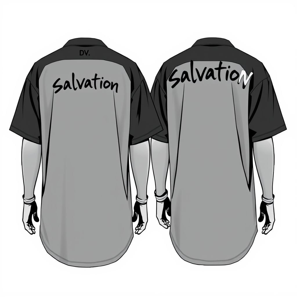 Men’s Shirt. Short sleeve with long sleeve under. With “salvation” across shoulders on back of shirt. Grey on grey, dark grey/light grey. Oversized streetwear shirt, with light graffiti on it. With “DV” on front in top left. Show both front and back.
Design an oversized streetwear men’s shirt featuring short sleeves layered over long sleeves. Use a sleek palette of dark grey and light grey, enhanced by subtle graffiti overlays. The word “salvation” boldly stretches across the shoulders on the back, while “DV” subtly adorns the front’s top left corner, blending urban aesthetics with a contemporary edge. Showcase both front and back views for a complete look.