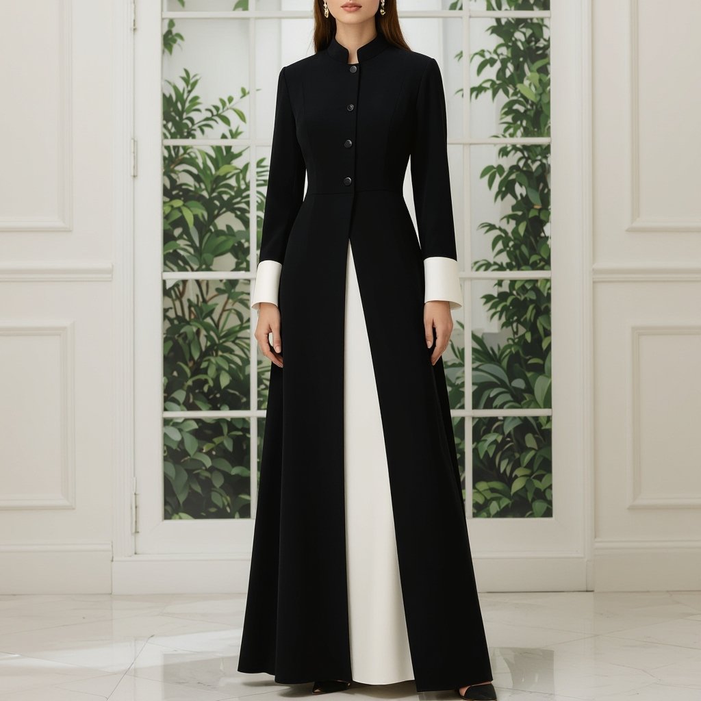 A-Line Abaya Design (Minimalist Edition) • Cut: • Full-length A-Line silhouette flowing luxuriously from shoulder to floor. • Very clean cut with sharp lines to highlight the refined, elegant character. • Fabric: • Mikado Silk or Heavy Double Crepe — luxurious fabrics with weight and smooth texture that hold the abaya’s shape beautifully. • Recommended colors: Jet Black for evening haute couture looks, or Ivory/Off-White for daytime elegance and classic luxury. • Collar / Neckline: • Straight slim blazer lapel for a modern tailored look. • Or a minimalist high collar for a regal, elevated impression. • Sleeves: • Straight sleeves with sharp structured cuffs. • Optional: Slightly flared sleeves for a dramatic haute couture flair. • Details: • Completely plain with no embroidery or patterns — all focus on the cut and the fabric. • Optional front slit or long side slit to create graceful movement when walking. • Single fabric-covered button or hidden inner closure for a sleek, polished finish. • Back Design: • Entirely plain with a small center slit at the back hem, reinforcing the blazer aesthetic and ensuring ease of movement. ⸻ ✨ Result: An A-Line abaya with a haute couture minimalist aesthetic, free of embroidery, relying solely on luxurious fabric and precision tailoring. It delivers a powerful, regal, and refined presence — perfect for high-end evening events or exclusive formal occasions.
Vintage fashion: Vintage A-Line Abaya: Full-length, elegant Mikado silk or heavy crepe in black or ivory. High collar or blazer lapel. Straight sleeves with cuffs. Optional front slit. Fabric covered buttons. Timeless 1940s-inspired silhouette for a sophisticated look.
