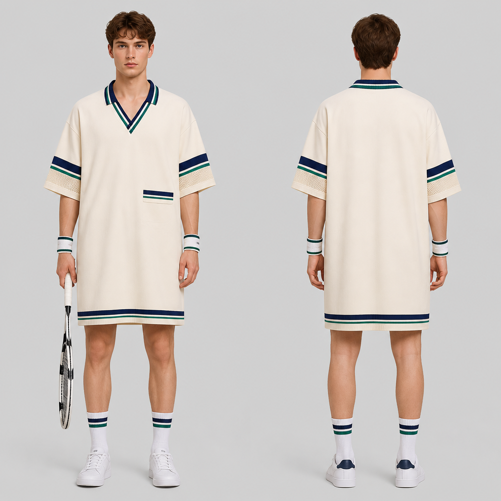 Un joueur de tennis avec une robe oversize.
photorealistic fashion design, Un joueur de tennis avec une robe oversize. , tenniscore style, just the design no text, show front and back