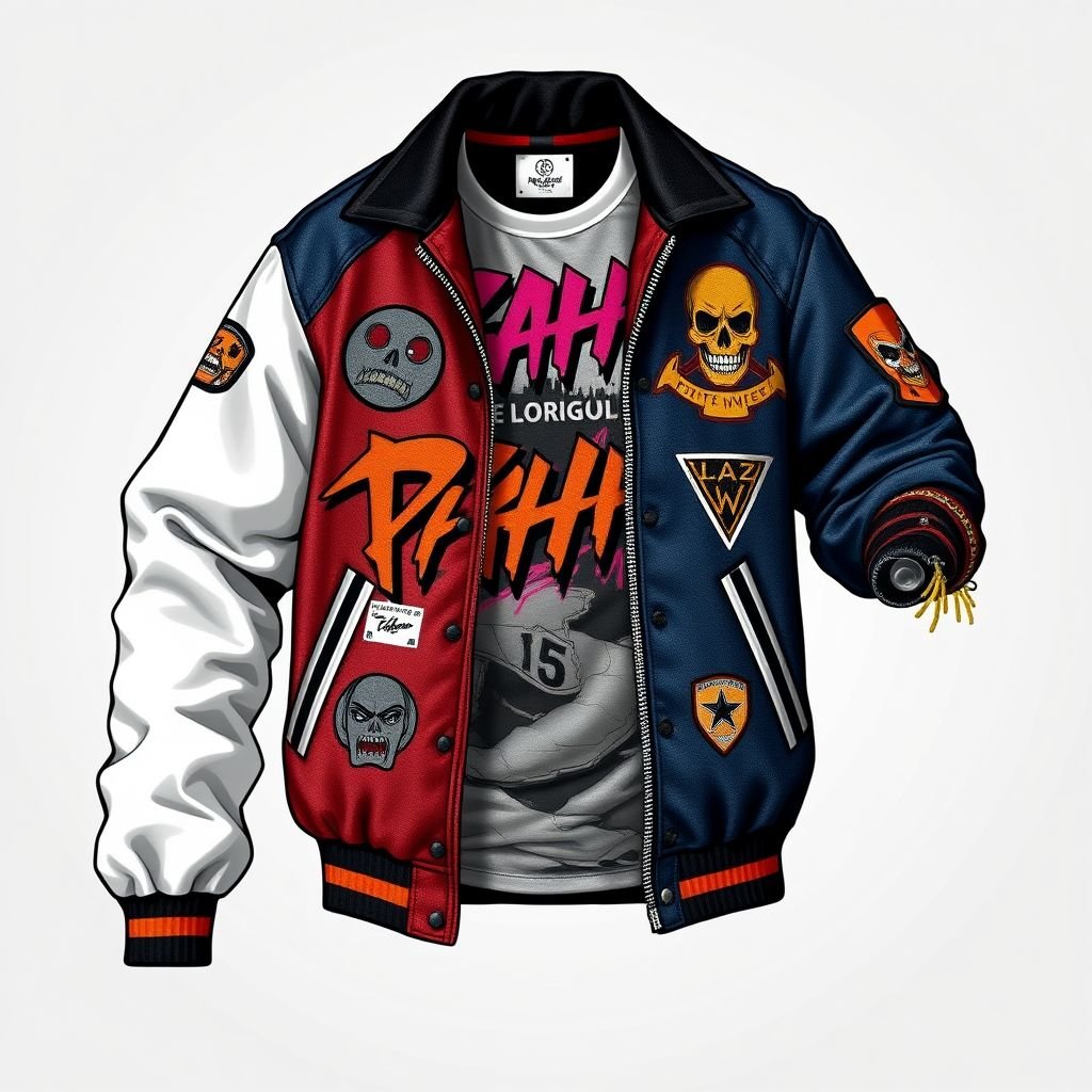 Baseball jacket
Design a bold streetwear-inspired baseball jacket featuring oversized silhouettes, vibrant graffiti patterns, and metallic accents. Incorporate a mix of textured fabrics like denim and nylon, complemented by layered graphic tees beneath. Add striking patches and unique embroidery that reflects urban culture, creating a statement piece that's both comfortable and fashion-forward.
