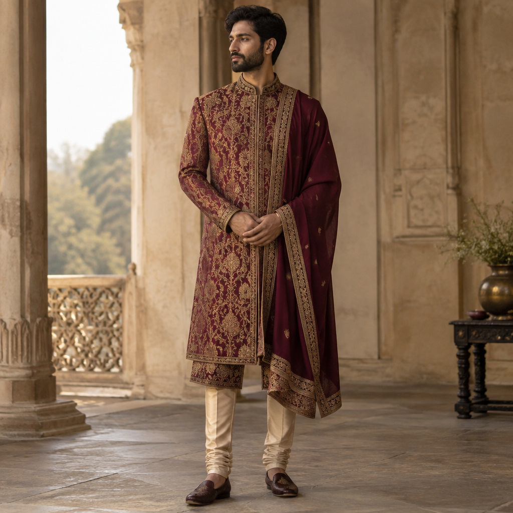 A Male Dress design, suitable for Fall. Consider Indian fashion aesthetics — consider saree, lehenga, salwar kameez, kurti, anarkali; local fabrics like chanderi, banarasi, chikankari, block prints; vibrant colors and rich embroidery. Current season is Autumn in India. Present it as professional fashion catalogue photography: the garment is the subject, shown full-length with editorial styling, neutral posing and tasteful, non-suggestive framing.
photorealistic fashion design, A Male Dress design, suitable for Fall. Consider Indian fashion aesthetics — consider saree, lehenga, salwar kameez, kurti, anarkali; local fabrics like chanderi, banarasi, chikankari, block prints; vibrant colors and rich embroidery. Current season is Autumn in India. Present it as professional fashion catalogue photography: the garment is the subject, shown full-length with editorial styling, neutral posing and tasteful, non-suggestive framing., just the design no text