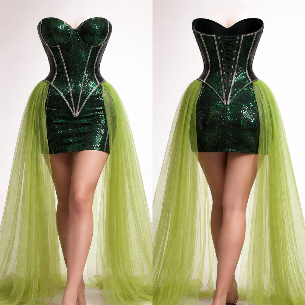 Create for me a hunter green sequin mini dress, strapless with a sweetheart shape, and a boned corset with black satin silvery sparkly fabric defining the boned parts in an exaggerated hourglass shaped corset. Add a lime green shimmering flowy see thru sheer fabric skirt over the waistline completely around the waist with no opening, flowing to the ankles.
Create for me a hunter green sequin mini dress, strapless with a sweetheart shape, and a boned corset with black satin silvery sparkly fabric defining the boned parts in an exaggerated hourglass shaped corset. Add a lime green shimmering flowy see thru sheer fabric skirt over the waistline completely around the waist with no opening, flowing to the ankles., show front and back