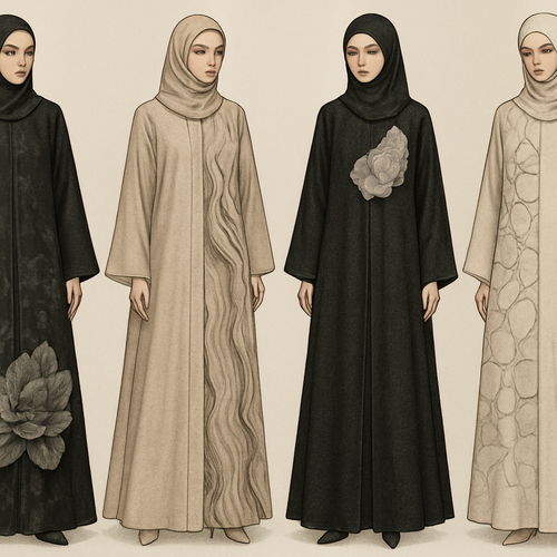 Create a modest abaya that's the first of its kind, featuring a unique stone design that exudes a classy and sophisticated vibe. I'd like four designs, each showcasing different styles and fabrics.Incorporate high-end, unique chic stone designs to make them truly special. And add little cute touch of sophisticated stone designs. Add huge flower and unique designs.