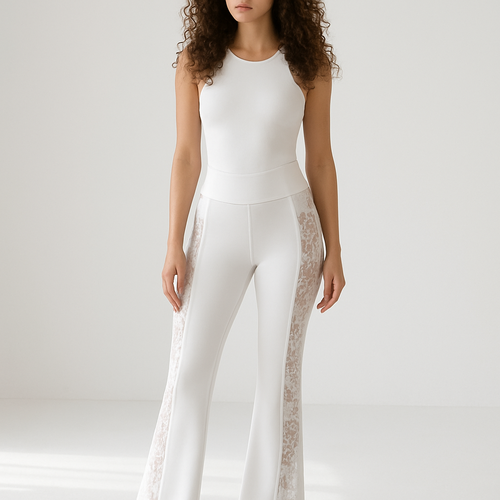 High-end white sportswear pants inspired by bridal elegance, featuring a regular flare cut made from premium sculpting technical fabric. The pants subtly hug the hips and open elegantly at the ankle, enhancing a feminine silhouette. Delicate transparent floral lace panels run along the outer sides of the legs, integrated seamlessly into the performance fabric for a refined and sensual look. Soft matte white texture, premium stretch material, invisible seams, couture-level craftsmanship. Model: 32 years old, 170cm, 58kg, long curly hair. Bright white studio setting, soft natural light, gentle shadows, focus on material quality and lace detailing, ultra-realistic 8K, high-fashion fitness editorial aesthetic, Lauren Secret signature style.”