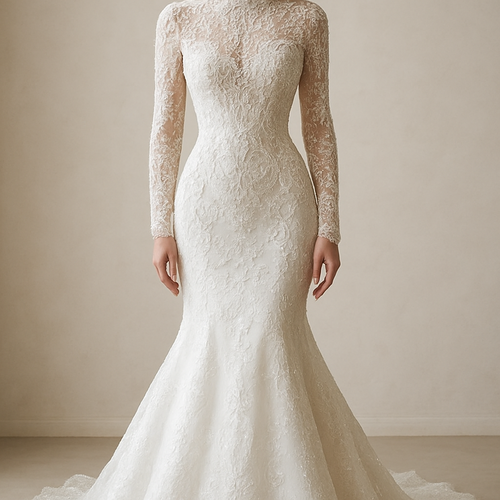 A turtle neck laced and embroidered with stones full white mermaid wedding gown