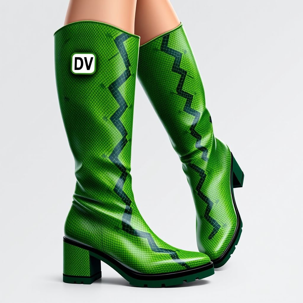 Green Snake print boots knee length . . I don’t want it chunky at the bottom. Give it a 90’s YK2 look. Put DV on the tounge and Da’Vine on the tag
Design a sleek pair of knee-length green snake print boots, embodying the essence of 90s Y2K fashion. With a streamlined silhouette, avoid chunky soles, opting for a sharp, fashionable shape. Adorn the tongue with a prominent "DV" logo and finish the look with a stylish "Da’Vine" tag for authenticity.