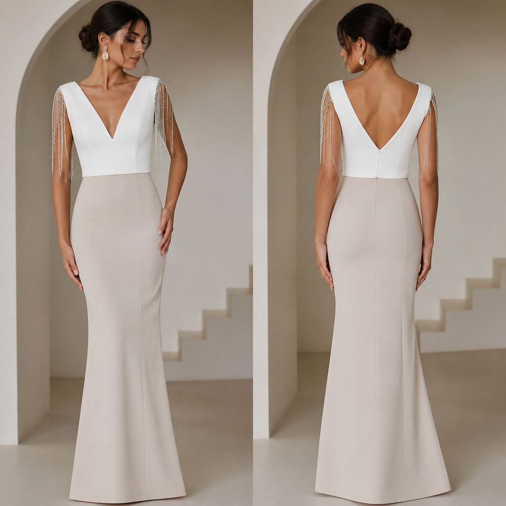A Female Dress design, with a Fitted silhouette, in a Neutrals color palette, for Party, suitable for Summer. veras quiero q la blusa sea de color blanco y q sea igual como en la foto q tenga el escote en corte v y que en las mangas tenga como colgando joyitas algo asi y que la blusa sea a la cintura Present it as professional fashion catalogue photography: the garment is the subject, shown full-length with editorial styling, neutral posing and tasteful, non-suggestive framing.
photorealistic fashion design, A Female Dress design, with a Fitted silhouette, in a Neutrals color palette, for Party, suitable for Summer. veras quiero q la blusa sea de color blanco y q sea igual como en la foto q tenga el escote en corte v y que en las mangas tenga como colgando joyitas algo asi y que la blusa sea a la cintura Present it as professional fashion catalogue photography: the garment is the subject, shown full-length with editorial styling, neutral posing and tasteful, non-suggestive framing., just the design no text, show front and back