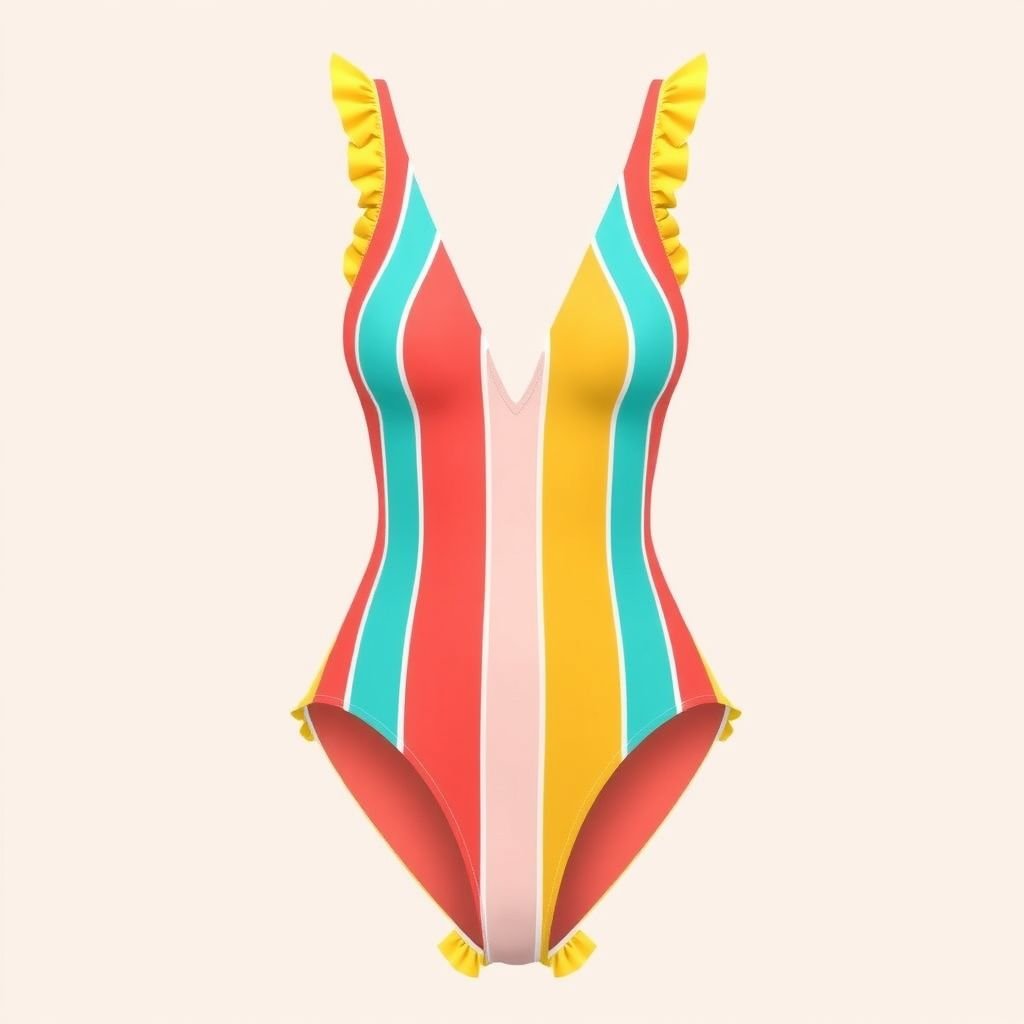 One piece swimwear with thin stripes - inspired by solid and strip
Create a vibrant one-piece swimwear design featuring playful, thin stripes in sunny hues of coral, turquoise, and lemon yellow. Incorporate a plunging neckline and a high-cut leg for a retro vibe, perfectly suited for beach outings. Accentuate with delicate ruffles along the edges to evoke a light, airy summer feel.