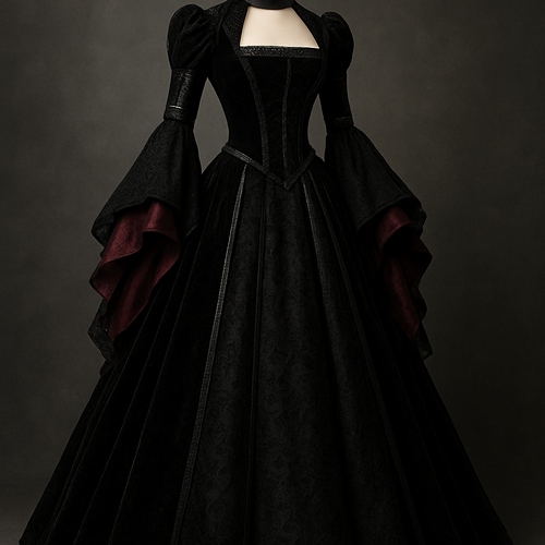 Concept: A dramatic fusion of Medieval grandeur and contemporary Gothic romance. This gown reinterprets the structured elegance of the Gothic and late Medieval periods with a modern, darker aesthetic, designed for the discerning individual seeking a statement piece of timeless, yet edgy, sophistication.
Key Design Elements & Features
• Silhouette: A strikingly fitted bodice (nodding to the 14th-century cotehardie) transitions into a voluminous, floor-length skirt with subtle goring for a dramatic flare. The overall line is elongated and commanding.
• Fabrication: Luxurious, weighty materials are key. The primary fabric is a deep, rich Black Crushed Velvet, offering a sumptuous texture and light-catching depth. Contrast is provided by panels of sheer, intricate Black Lace (modern interpretation of Medieval brocade) and matte Faux Leather trim for a contemporary, industrial edge.
• Sleeves: The defining feature is the dramatic, multi-layered sleeve. A fitted upper arm section gives way to an exaggerated Trumpet Sleeve or Dagged Hanging Sleeve (inspired by the houppelande), lined with contrasting deep-burgundy satin for a flash of colour.
• Neckline: A refined Square Neckline or a subtle Sweetheart Neckline (often paired with a high standing collar in the Gothic era) to frame the décolletage, possibly edged with delicate black braiding or beading.
• Details & Embellishments:
• Lace-Up Corsetry: Functional or decorative lacing at the back (or front, with a modern zip closure concealed beneath) for a customizable, cinched waist.
• Metallic Accents: Subtly integrated antique Silver or Pewter hardware (small buckles, clasps, or chains) to introduce a modern, punk-inspired element.
• Asymmetry: A potential subtle high-low hem or asymmetrical lace overlay to break from strict tradition and inject contemporary flair.
