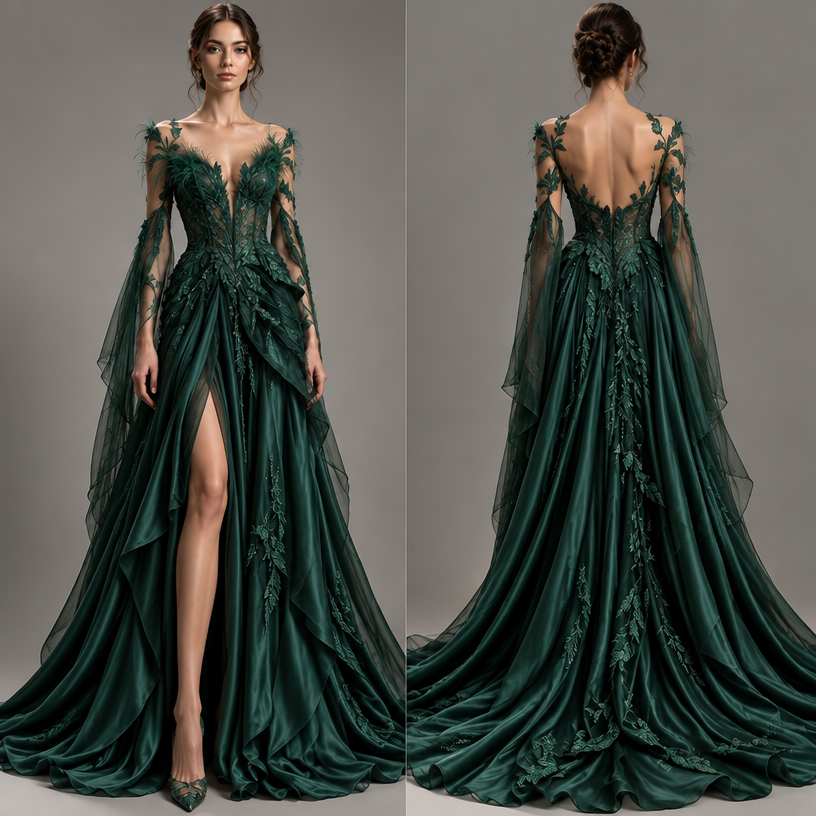 Please add green bird furthers on the edge of her chest of the front view and make the dress with a silk fabric at the bottom
edit the attached fashion design with these instructions: Please add green bird furthers on the edge of her chest of the front view and make the dress with a silk fabric at the bottom. keep it photorealistic, just the design no text