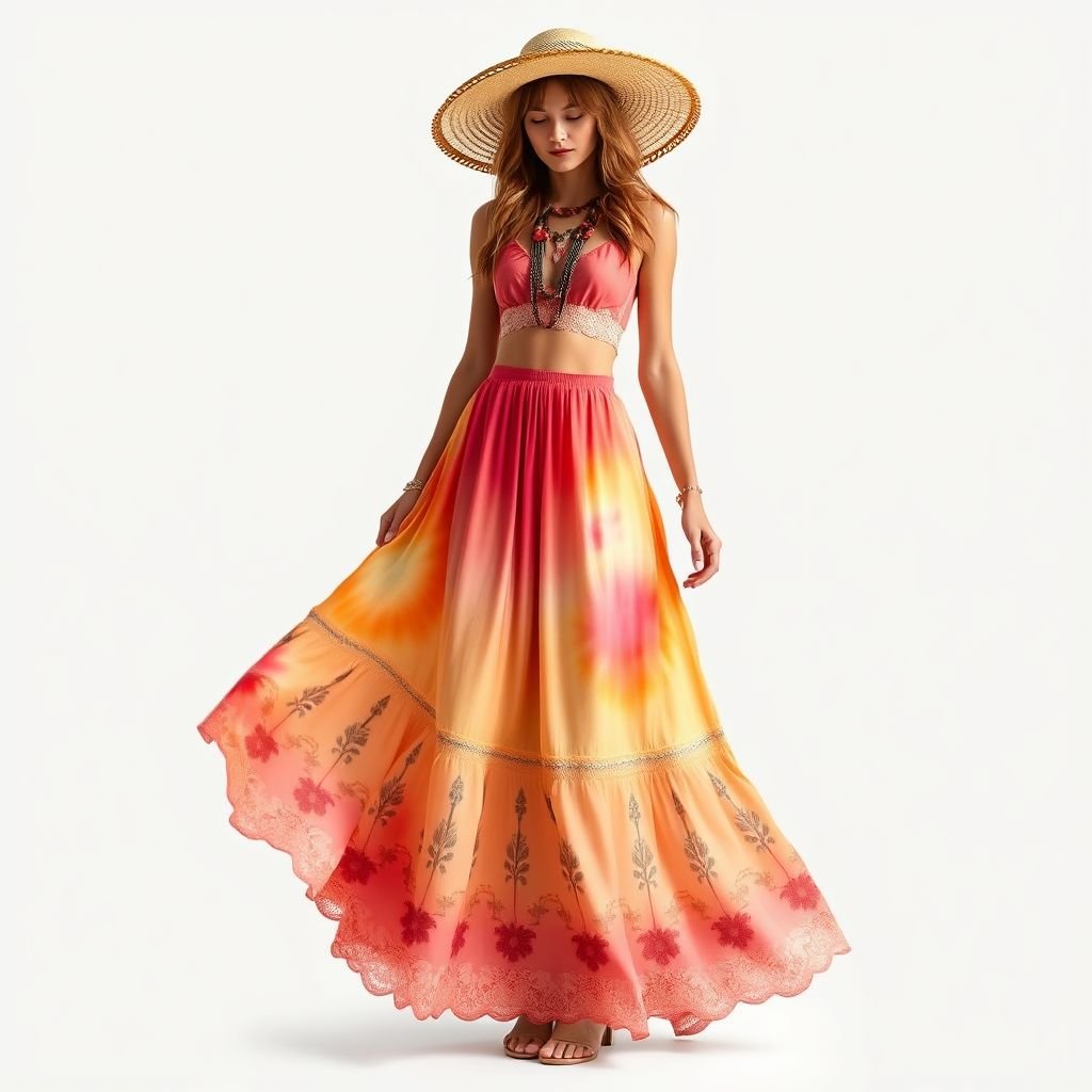 Maxi skirts women
Design an ethereal bohemian maxi skirt with a flowing silhouette, crafted from lightweight, hand-painted silk in a kaleidoscope of sunset hues. Embellish with intricate lace trim and delicate embroidered floral patterns cascading down the hem. Pair with a soft, fitted crop top, oversized straw hat, and layered beaded accessories for a carefree, chic look.