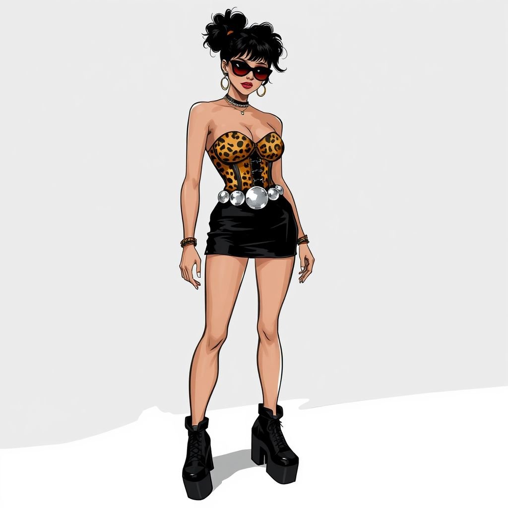 Corset baddie leapord print with a mini skirt black and a disc belt
Design a striking Y2K-inspired ensemble featuring a daring leopard print corset top, accentuating curves and adding a bold edge. Pair it with a sleek black mini skirt, flirtatiously short, and highlight the look with an eye-catching, metallic disc belt that shimmers under the light. Finish with chunky platform shoes.