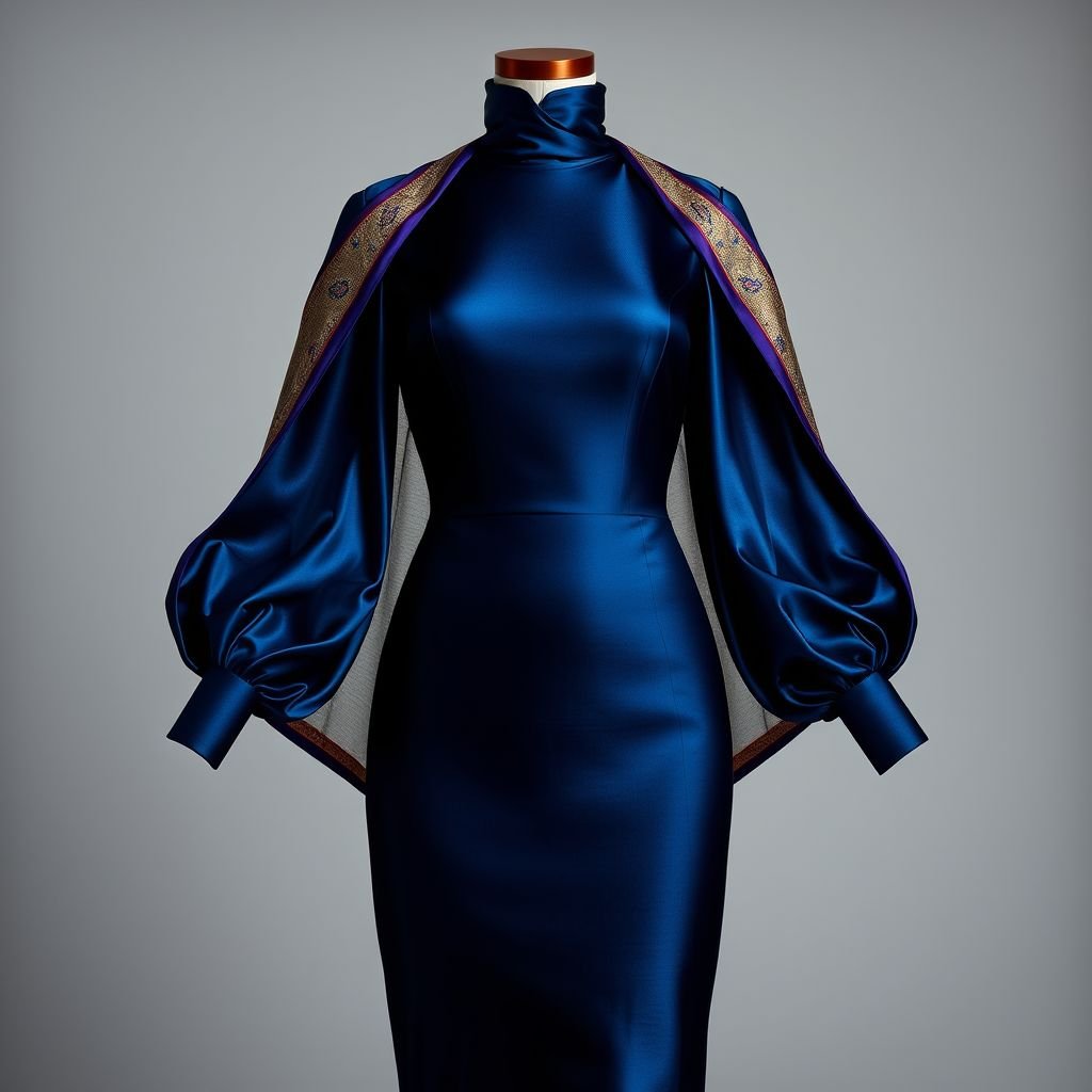 Cree moi une robe moulante avec un col qui remonte sans décolleté, avec des manches longues bouffante puis ajoute un châle qui se rabat comme les sari indiens
Imagine a body-hugging dress crafted from shimmering midnight blue silk, featuring a high collar that elegantly curves without a plunge. The long, puffed sleeves add drama, while a luxurious, embroidered shawl cascades gracefully, reminiscent of Indian saris, creating a stunning silhouette that balances modern sophistication with timeless elegance. Perfect for a gala!