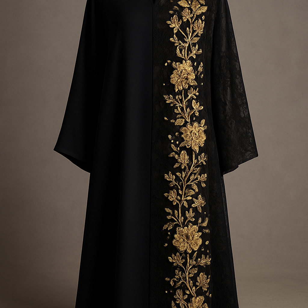 The Gold Veil Lace Abaya
Tone: Black
Design:
A soft lace panel on one side with gold floral embroidery and crystals.
The Gold Veil Lace Abaya
Tone: Black
Design:
A soft lace panel on one side with gold floral embroidery and crystals.