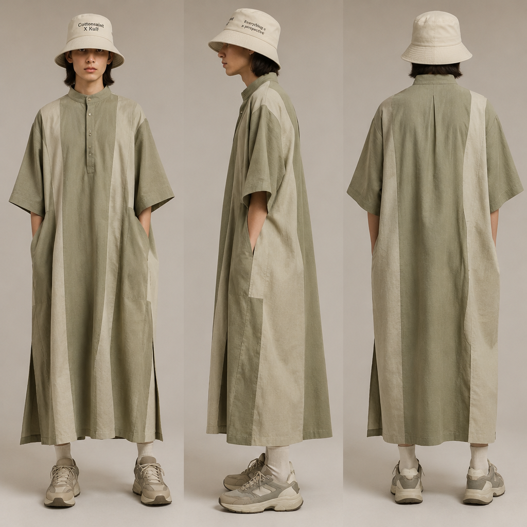 A Unisex Dress design, suitable for Spring. a bucket hat pinted"Cottonsaint X Kulf" on the front, th3n printed " Everything is perspective on the side". LS fashion aesthetics. Present it as professional fashion catalogue photography: the garment is the subject, shown full-length with editorial styling, neutral posing and tasteful, non-suggestive framing.
photorealistic fashion design, A Unisex Dress design, suitable for Spring. a bucket hat pinted"Cottonsaint X Kulf" on the front, th3n printed " Everything is perspective on the side". LS fashion aesthetics. Present it as professional fashion catalogue photography: the garment is the subject, shown full-length with editorial styling, neutral posing and tasteful, non-suggestive framing., just the design no text