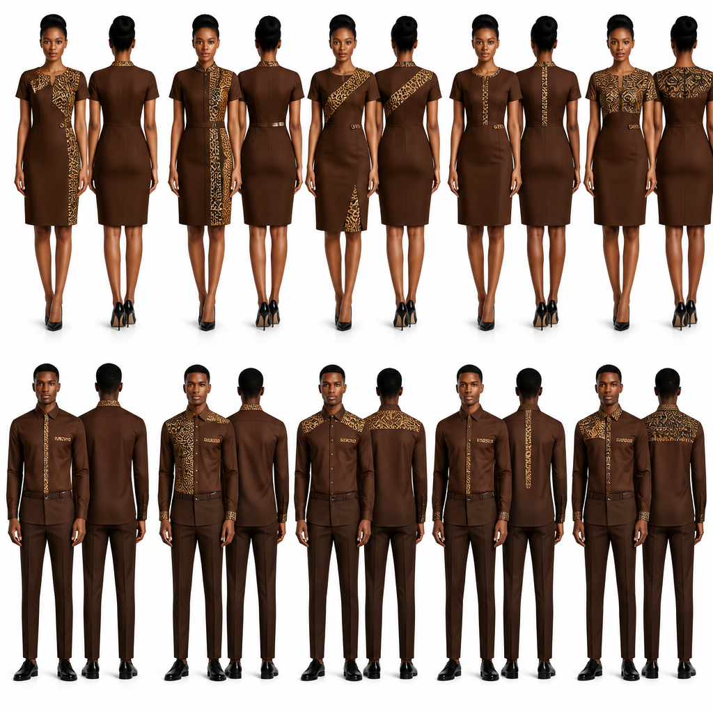 5 designs de Robe hôtesse pour restaurant différents , robe droite jusqu’au genoux pour femme et 5 designs pantalon chemise pour homme , de couleur marron avec des designs sur la robe en motifs tissu panthère tissu africain ekang Cameroun , très fashion chic , et élégante
photorealistic fashion design, 5 designs de Robe hôtesse pour restaurant différents , robe droite jusqu’au genoux pour femme et 5 designs pantalon chemise pour homme , de couleur marron avec des designs sur la robe en motifs tissu panthère tissu africain ekang Cameroun , très fashion chic , et élégante , office style, just the design no text, show front and back