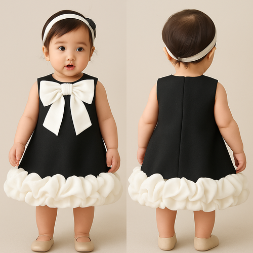 一歳の女の子着用画
ジャケット生地の黒のノンスリーブワンピース、丈は膝上
肩の部分、襟の部分が隠れるように白の大きなタレなしのリボンをつけて

裾のデザインは、段々スカートではありません。
スカートは一段だけのAラインで、裾に“雲のようにふくらむ白色の立体的なフリル”を密集して付けてください。
フリルは平らに広がらず、くるんと丸くカールさせて、花びらのような立体感を出してください。
裾全体がモコモコとふくらむバルーンシルエットになるように。

背中に装飾はなし

頭には白のカチューシャ
カチューシャにはちょっとした黒い装飾