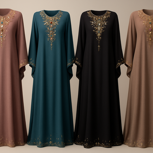 Create me modest boubou that's first in the world, using unique stone design, classy and sophisticated. Keep me 4 designs. Make them rich by adding minimal embroidery and stones designs.