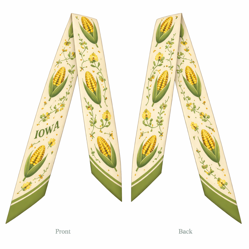 Design a silk scarf that is 5 x 86 cm with oblique edges. It will be wrapped around a handle of a handbag. It’s for the state of Iowa. Make it corn but way more simple
Design a silk scarf that is 5 x 86 cm with oblique edges. It will be wrapped around a handle of a handbag. It’s for the state of Iowa. Make it corn but way more simple, classic style, show front and back
