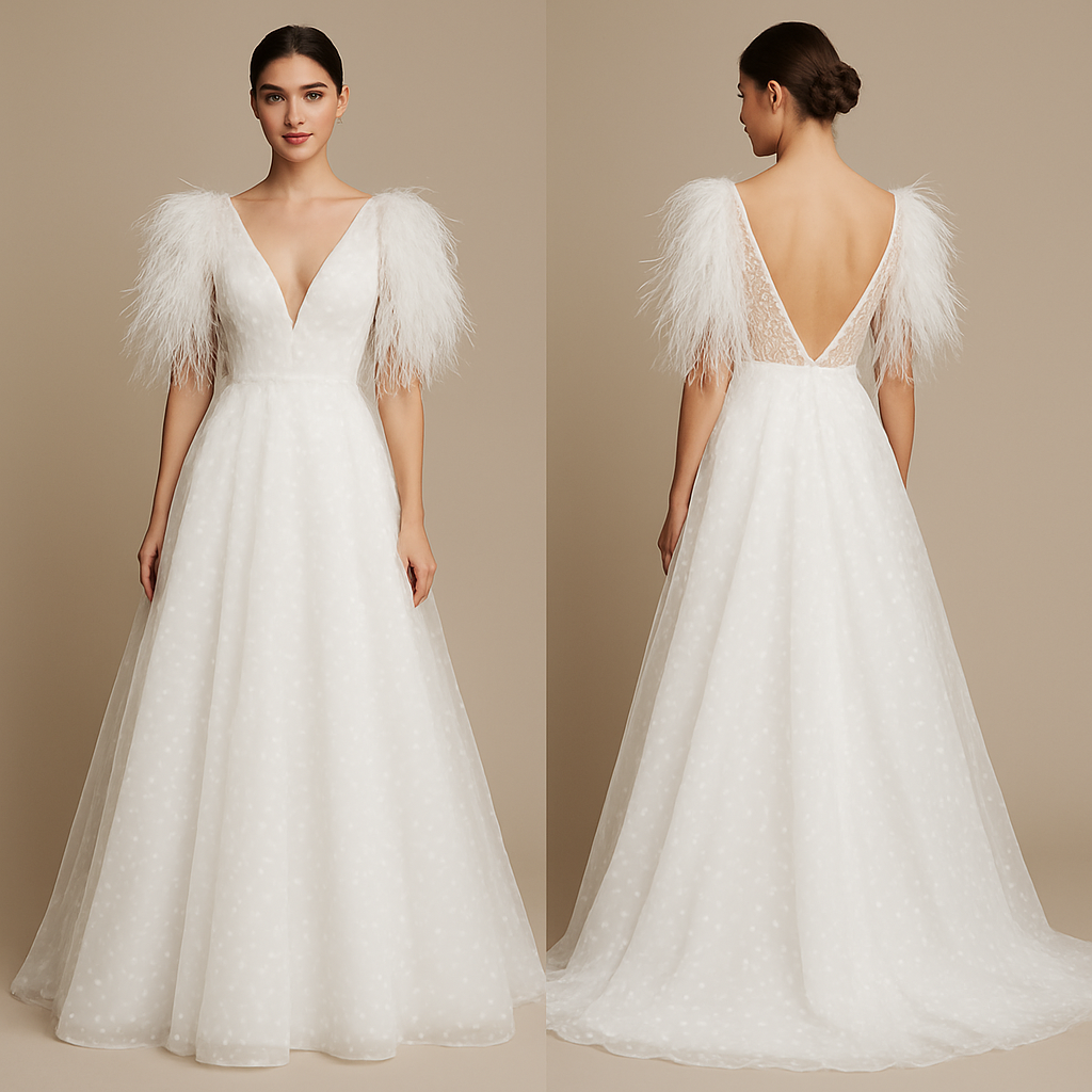 Red carpet wedding dress feathered sleeves
Red carpet wedding dress feathered sleeves
, polka_dot style, show front and back