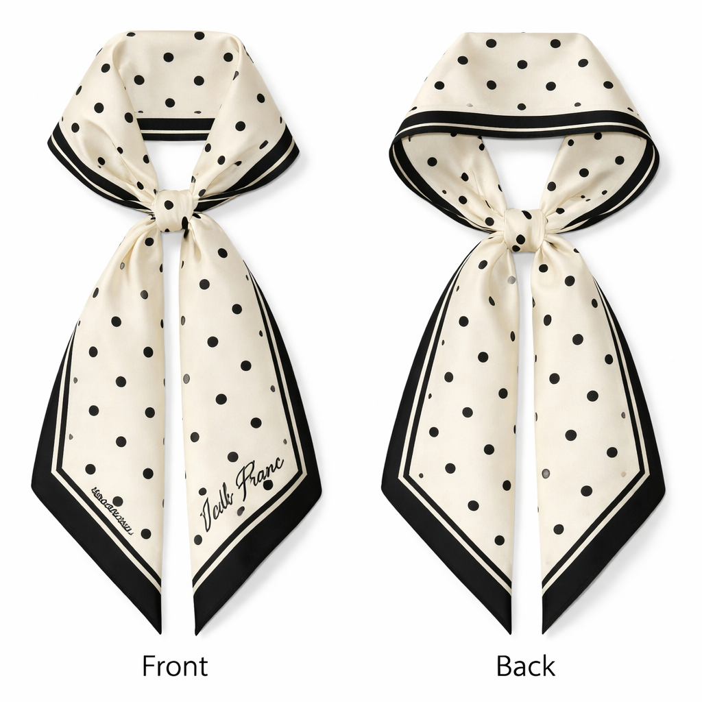 Design a silk scarf thanks 5x 86cm to be wrapped on the handle of a purse.
No logos or any school relation but a collegiate feel. Create a signature look for my brand Jolie Franc. Keep it simple and tailored do polka dots
Ivory combination with black soft
Design a silk scarf thanks 5x 86cm to be wrapped on the handle of a purse.
No logos or any school relation but a collegiate feel. Create a signature look for my brand Jolie Franc. Keep it simple and tailored do polka dots
Ivory combination with black soft, classic style, show front and back
