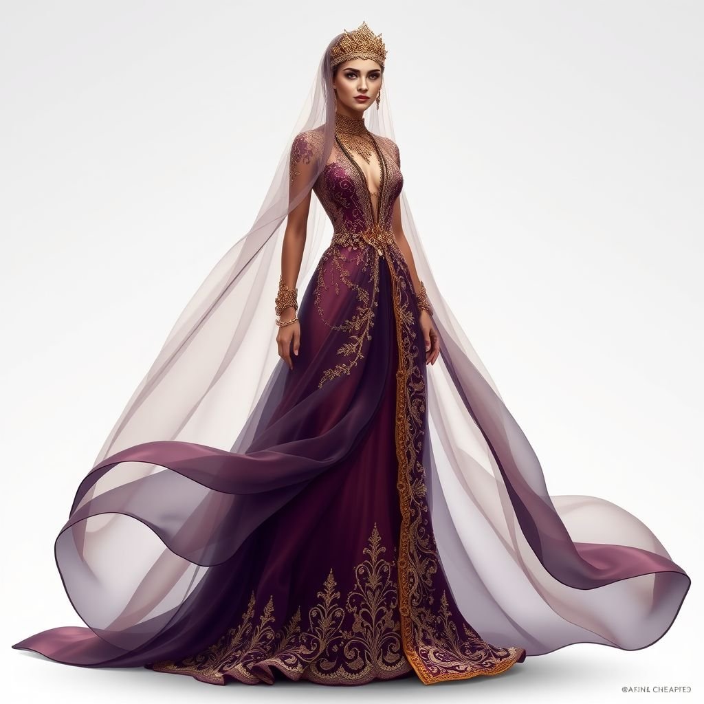 زي الملكه شبعاد
Design an ethereal gown influenced by the royal style of Queen Shib'ad, featuring flowing, layered silks in deep jewel tones. Embellished with intricate gold beading and delicate lace, the dress merges traditional Middle Eastern motifs with modern silhouettes. Accessorize with a jeweled headpiece and flowing cape, creating a regal yet contemporary look.