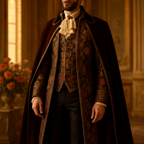 Royal masculine suit inspired by a woman’s couture gown, tall man over 2 meters, strong build, long cape, ruffled cravat with jewel, long coat and waistcoat matching the gown’s fabric and floral embroidery, pants solid color, taffeta and velvet textures, optional gold-trimmed seams, luxurious palace room with daylight, warm golden ambiance, roses in the background, extremely elegant and regal.