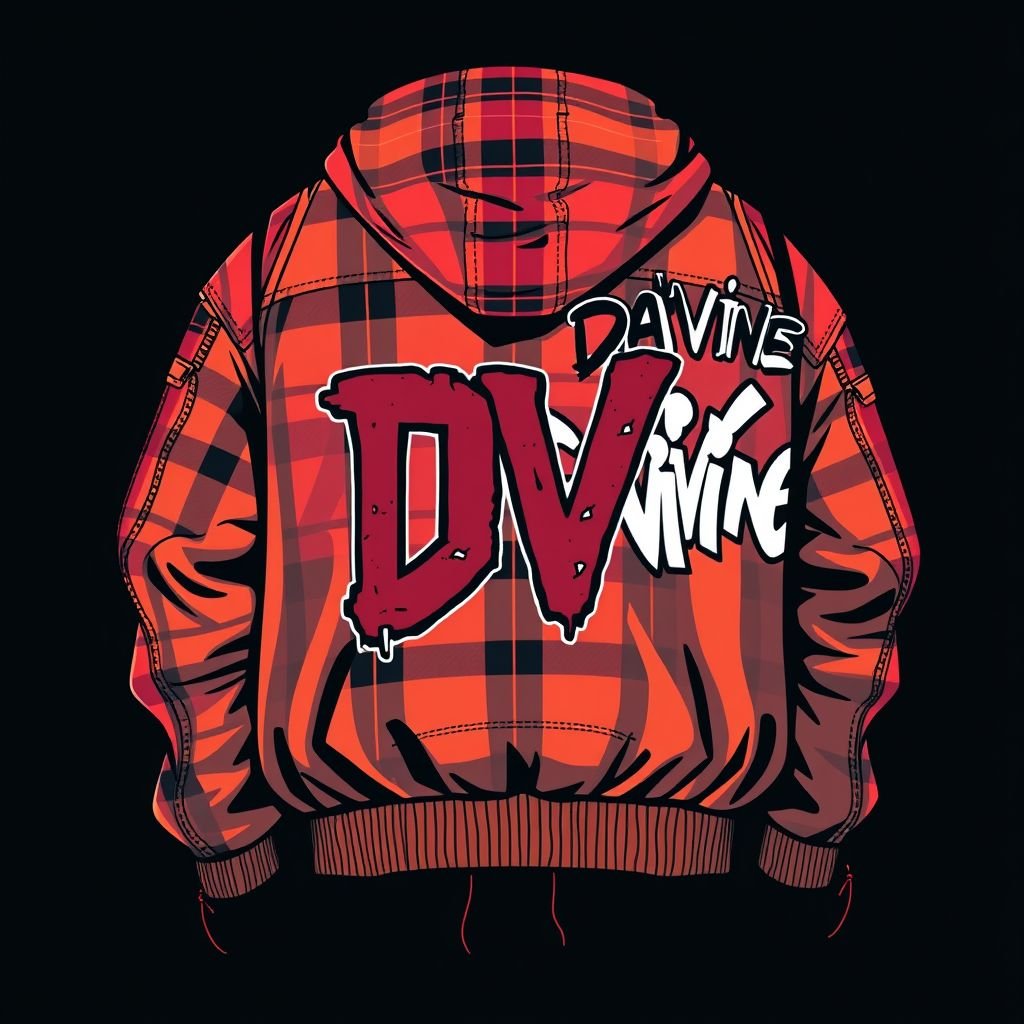 Oversized jacket with plaid lining with “DV” on the front “Da’Vine”
Design an oversized streetwear jacket featuring a bold plaid lining that pops with vibrant colors. The front showcases the graphic "DV" in an edgy, distressed font, while the back boasts "Da'Vine" in graffiti-inspired lettering. The jacket should incorporate utility pockets, drawstrings, and a relaxed fit for urban flair.