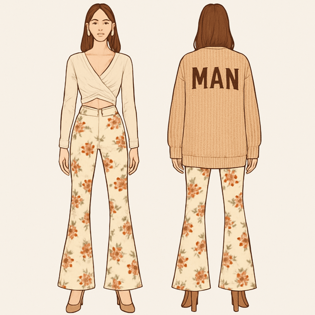 Criss cross shirt bell bottom pants flowers on the pants with a letters man cardigan and some heels
Criss cross shirt bell bottom pants flowers on the pants with a letters man cardigan and some heels , show front and back