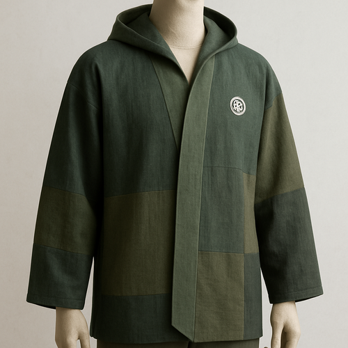 A modern Japanese fusion haori-hoodie with a clean pointed front cut, attached minimalist hood, slightly oversized fit, and premium natural fabrics like hemp, linen, or cotton-linen blend. Use subtle patchwork in tonal earthy colors (deep greens, sage, forest, olive, charcoal). Keep the design elegant, minimal and high-end — no bright colors, no loud patterns. Add one small traditional Japanese crest (kamon) on the upper chest. The overall aesthetic should feel authentic, natural, artisan-made, and wearable at summer festivals or in modern streetwear. Sharp silhouette, clean lines, subtle texture, and sophisticated color harmony.