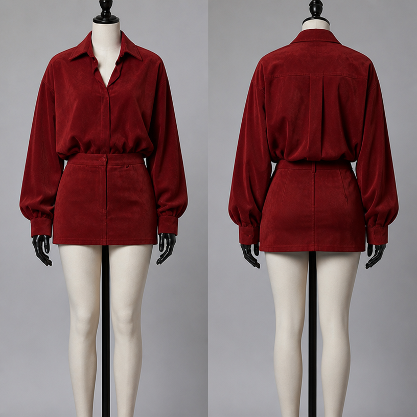 Remove the coat and replace with a oversized look in cherry red and a cherry red short skirt
edit the attached fashion design with these instructions: Remove the coat and replace with a oversized look in cherry red and a cherry red short skirt. keep it photorealistic, just the design no text