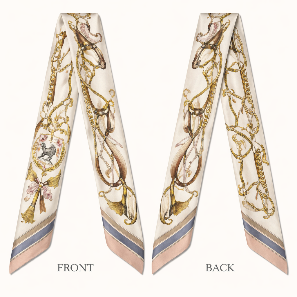 Design a silk scarf 5x86cm that has a feminine equestrian old money heritage feel
Design a silk scarf 5x86cm that has a feminine equestrian old money heritage feel, classic style, show front and back