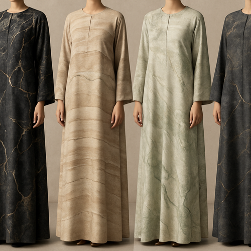 Create a modest boubou, the first of its kind, featuring a unique stone design that exudes a classy and sophisticated vibe. I'd like four designs, each showcasing different styles and fabrics. Incorporate high-end, unique chic stone designs to make them truly special. Add little sophisticated stone designs.